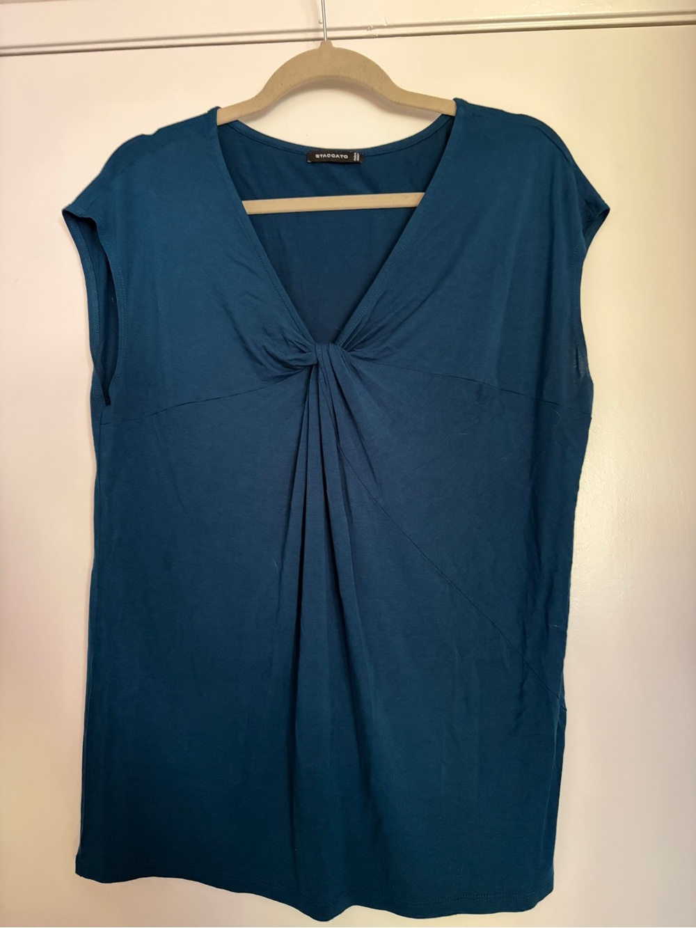 Staccato Teal Knot-Front cap sleeve blouse